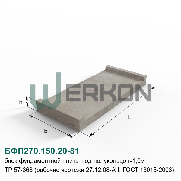 БФП270.150.20-81 Блок фундаментной плиты под полукольцо R-1,0м ТР 57-368 (рабочие чертежи 27.12.08-АЧ, ГОСТ 13015-2003)